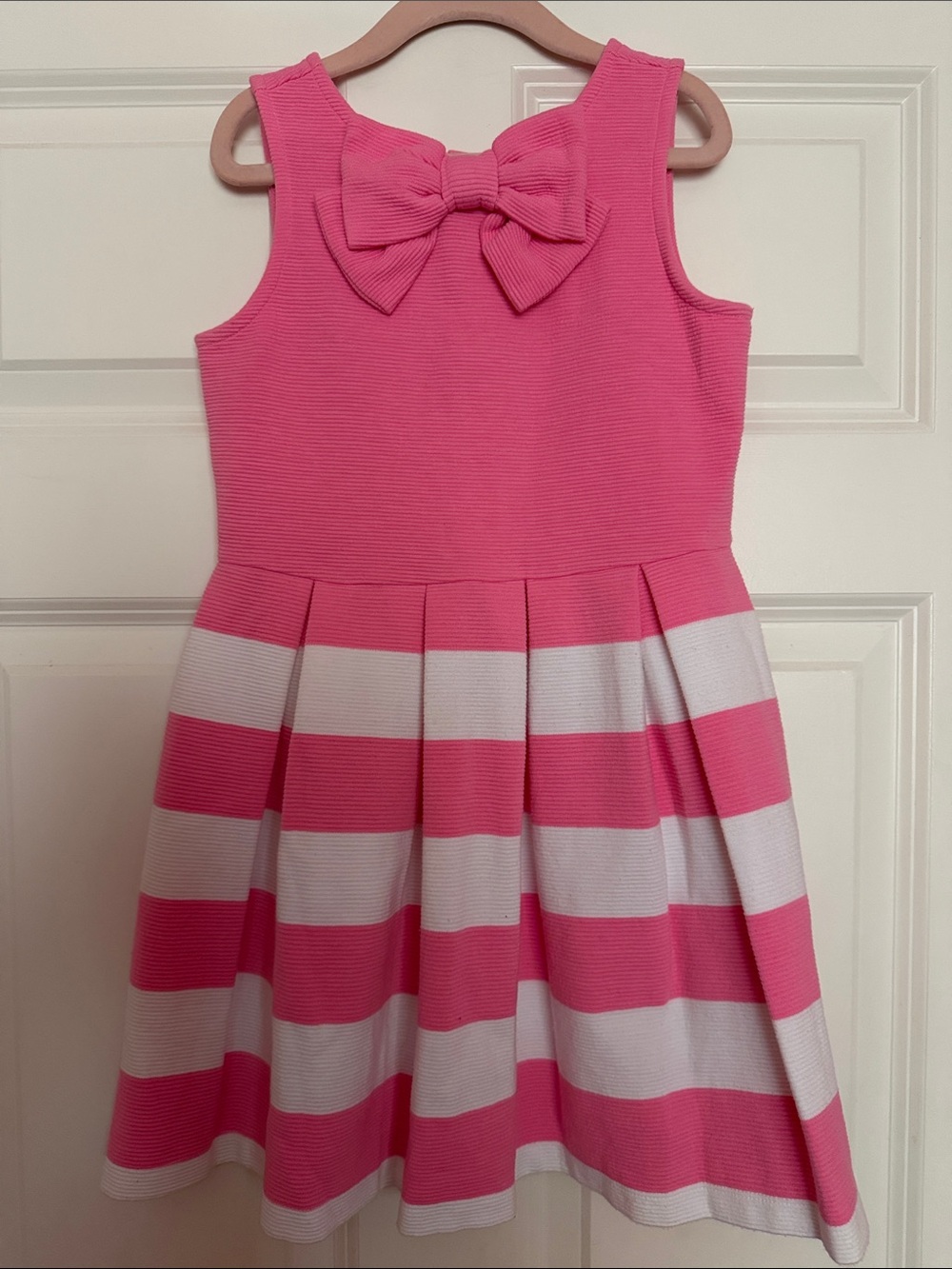 Janie and Jack Girls Pink and White Striped Fit & Flare Dress with a Bowling